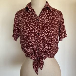 American Apparel rayon leopard print cropped shirt with waist ties, XS/S